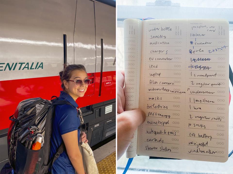 The author's backpack (L) and packing list (R) for her European adventure.