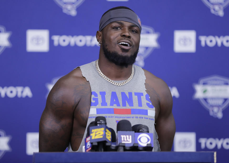 New York Giants' Jabrill Peppers speaks during a news conference at the NFL football team's training camp in Thursday, July 25, 2019, in East Rutherford, N.J. (AP Photo/Frank Franklin II)