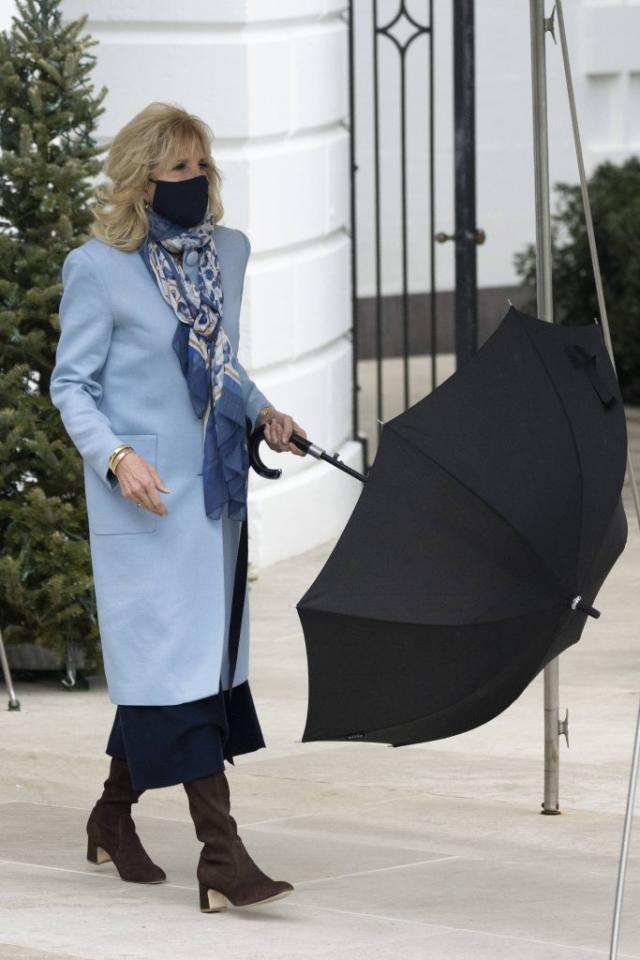 Jill Biden Sharpens Up for Winter in Icy Blue Coat and Brown Suede Boots  for Delaware Getaway