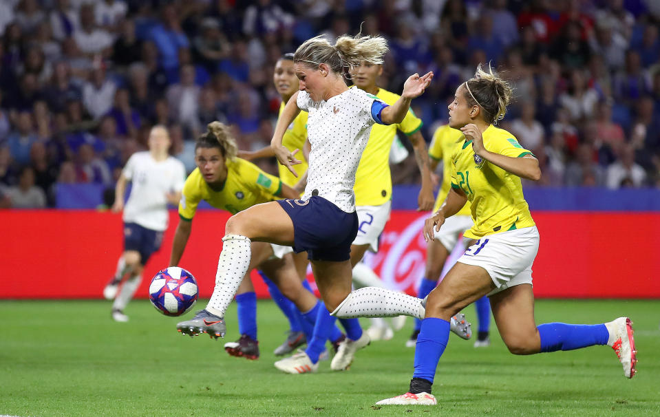 Amandine Henry of France scores her team's second goal during the 2019 FIFA Women's World Cup France Round Of 16 match between France and Brazil at Stade Oceane on June 23, 2019 in Le Havre, France. (Photo by Alex Grimm/Getty Images)