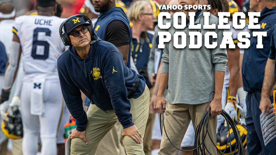 MADISON, WI - SEPTEMBER 21: Michigan Wolverines head coach Jim Harbaugh watches the video board after a play durning a college football game between the Michigan Wolverines and the Wisconsin Badgers on September 21, 2019, at Camp Randall Stadium in Madison, WI. (Photo by Dan Sanger/Icon Sportswire via Getty Images)