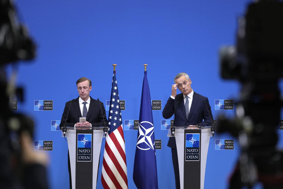 NATO Secretary General Jens Stoltenberg, right, and US National Security Advisor Jake Sullivan address a media conference at NATO headquarters in Brussels, Wednesday, Feb. 7, 2024. (AP Photo/Virginia Mayo)