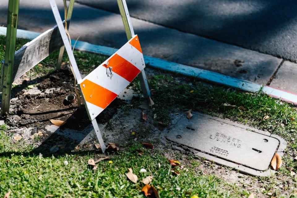 The city of Pasadena has marked area where a bronze street lamp post was stolen along Orange Grove Blvd. in Pasadena.