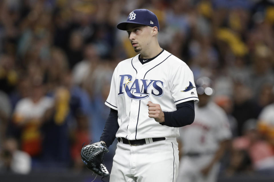 Tampa Bay Rays pitcher Blake Snell pumps his fist after the final out against the Houston Astros in Game 4 of a baseball American League Division Series, Tuesday, Oct. 8, 2019, in St. Petersburg, Fla. The Rays won 4-1. (AP Photo/Chris O'Meara)