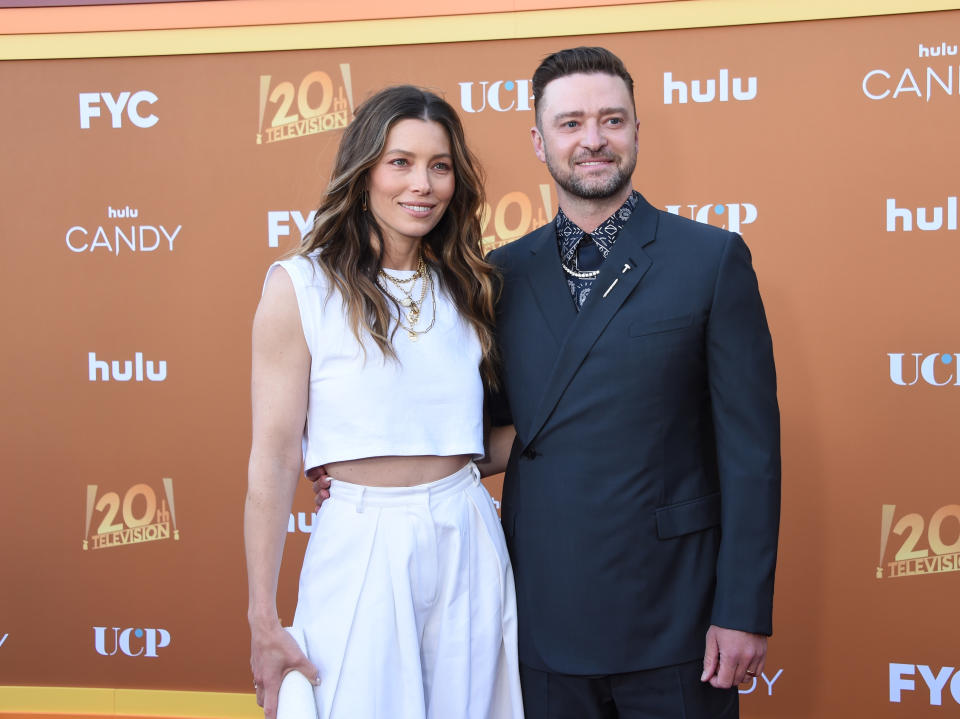 Jessica Biel and husband Justin Timberlake at the premiere and Emmy FYC event of "Candy" held at the El Capitan Theatre on May 9th, 2022 in Los Angeles, California. (Photo by Gilbert Flores/Variety/Penske Media via Getty Images)