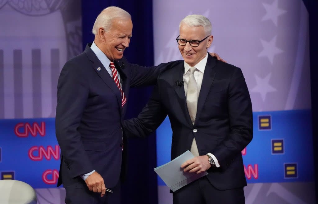 Joe Biden and Anderson Cooper were mocked on Twitter for breaking social distancing rules (Getty Images)