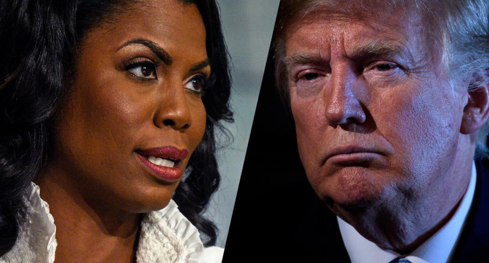 Omarosa Manigault Newman, former assistant to President Donald Trump and director of communications for the White House Office of Public Liaison, and Trump. (Photos: William B. Plowman/NBC/NBC NewsWire via Getty Images; Brendan Smialowski/AFP/Getty Images)
