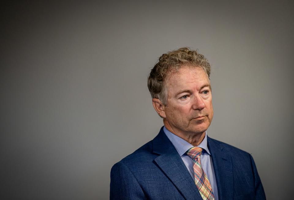 Senator Rand Paul listened as Congressman Morgan McGarvey spoke during a press conference to introduce the Justice for Breonna Taylor Act, which will prohibit no-knock warrants on the federal level. March 11, 2024