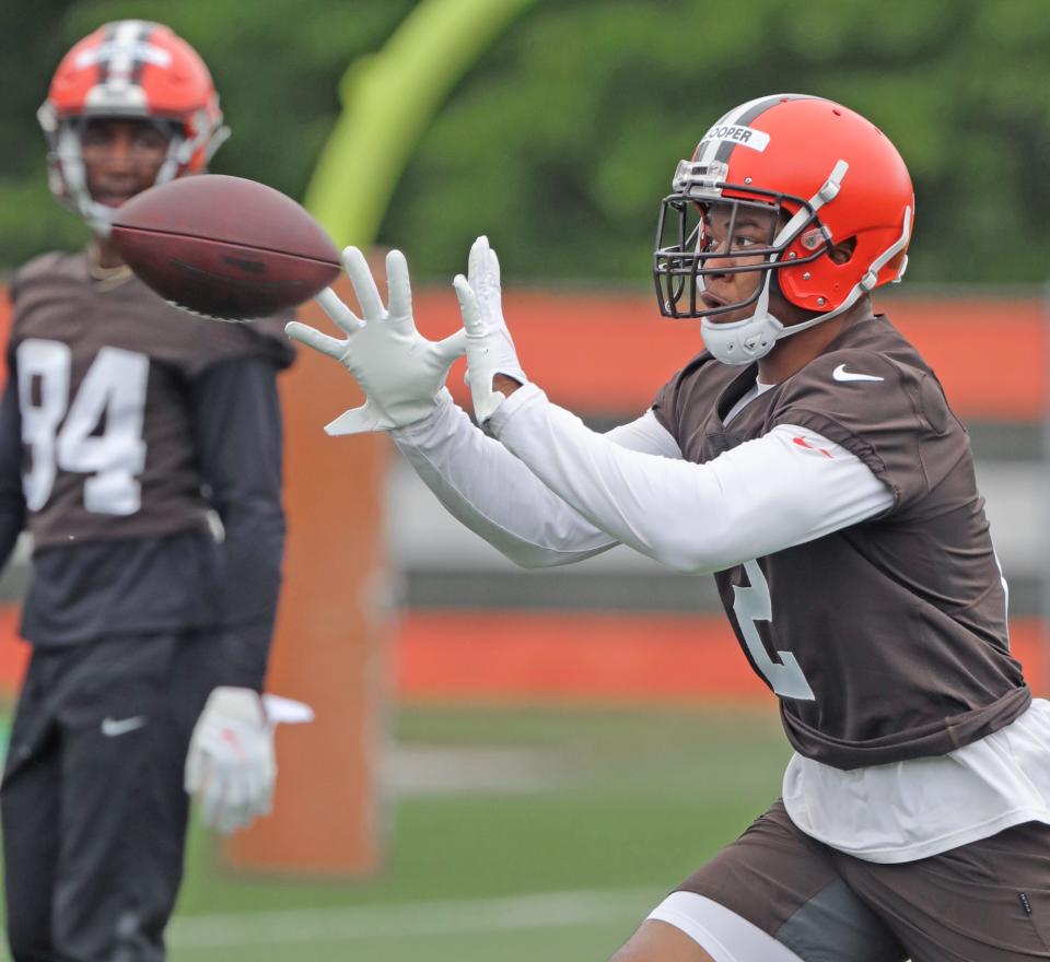 Cleveland Browns' Amari Cooper goes up for a catch during  minicamp on Tuesday, June 14, 2022 in Berea.