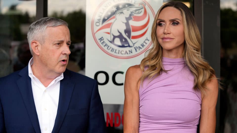 Republican National Committee co-chairs Michael Whatley and Lara Trump address the media at the Oakland County GOP Headquarters, Friday, June 14, 2024 in Bloomfield Hills, Mich. - Carlos Osorio/AP