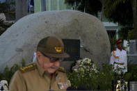 FILE - In this Jan. 1, 2019 file photo, Cuba's First Secretary of Communist Party Raul Castro gives a speech during the celebration of 60th Anniversary of Cuban Revolution in front the tomb of his brother Fidel Castro at the Santa Ifigenia cemetery in Santiago de Cuba. For most of his life, Raul Castro played second-string to his brother, but for the past decade, it’s Raul who's been the face of communist Cuba. On Friday, April 16, 2021, Raul Castro formally announced he'd step down as head of the Communist Party, leaving Cuba without a Castro in an official position of command for the first time in more than six decades. (Yamil Lage/Pool Photo via AP, File)