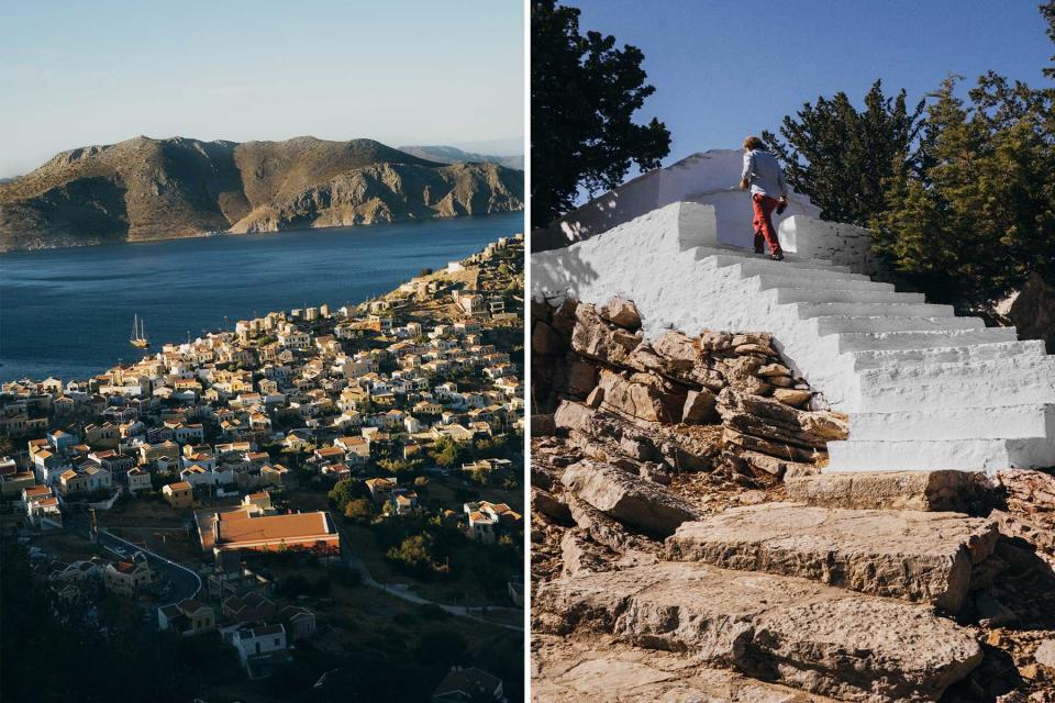 Two scenic photos from Symi island, greece, showing building, and a white staircase