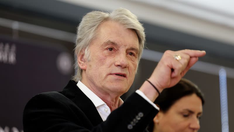 Former Ukrainian President Viktor Yushchenko speaks to a group gathered at the World Trade Center Utah office in Salt Lake City on Monday, April 17, 2023.