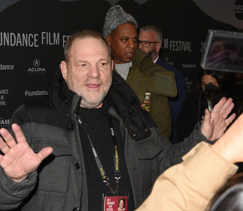 PARK CITY, UT - JANUARY 25: Harvey Weinstein and Jay Z attend the premiere for 'TIME: The Kalief Browder Story' at the MARC during the 2017 Sundance Film Festival on January 25, 2017 in Park City, Utah.  (Photo by C Flanigan/FilmMagic)