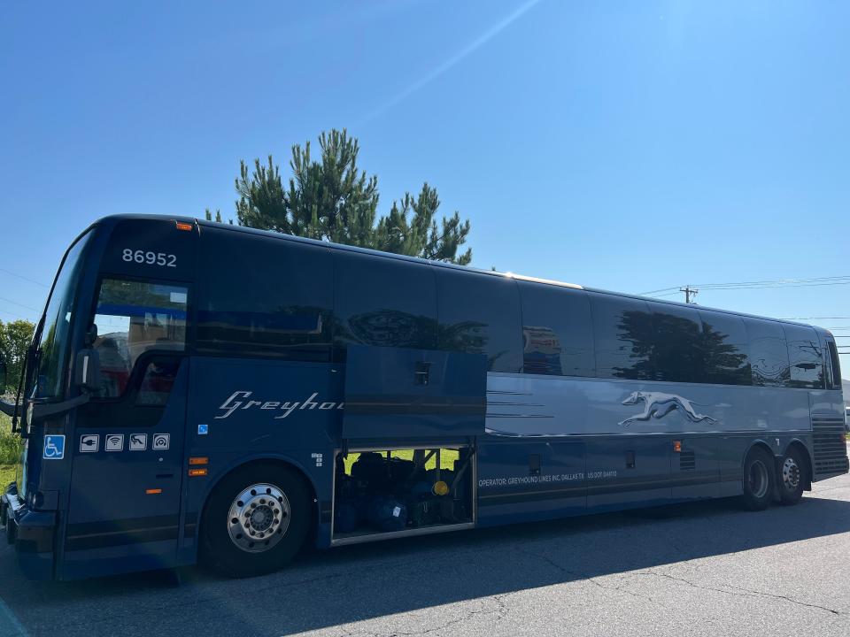 Greyhound coach bus parked at a bus stop in Plattsburgh, New York