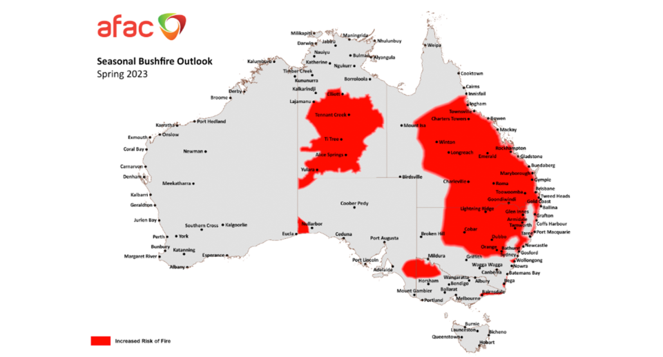 An increased risk of bushfire has been identified for large areas of the Northern Territory, Queensland and NSW. Source: AFAC