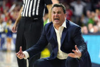 Arizona coach Sean Miller reacts after a foul call during the second half of the team's NCAA college basketball game against Oregon on Saturday, Feb. 22, 2020, in Tucson, Ariz. Oregon won 73-72 in overtime. (AP Photo/Rick Scuteri)