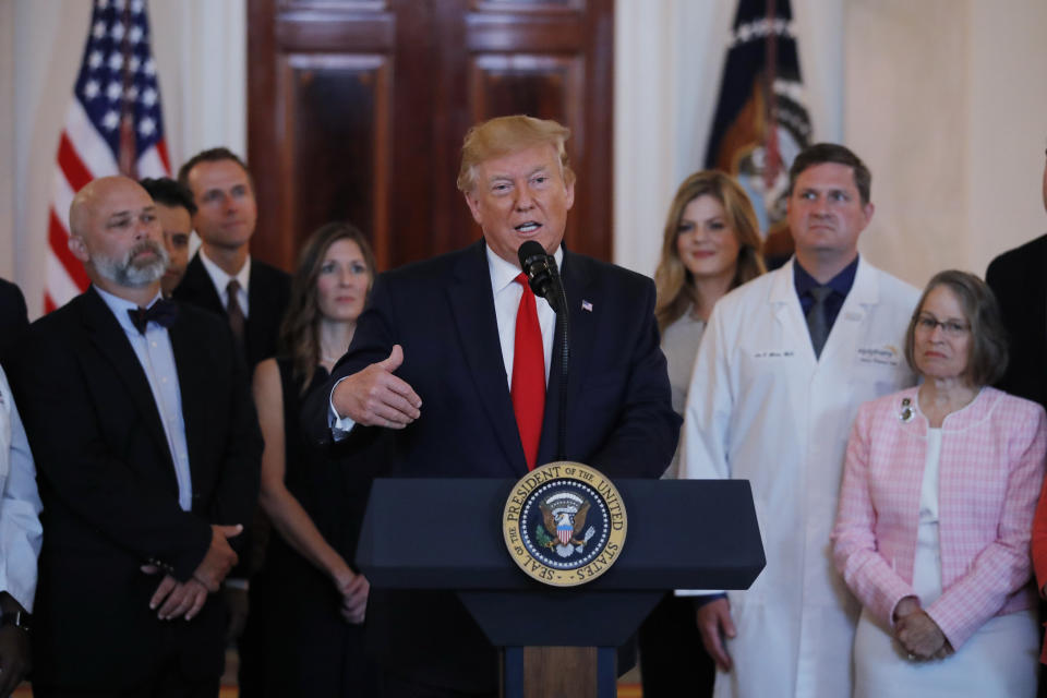 President Donald Trump speaks during a ceremony where he will sign an executive order that calls for upfront disclosure by hospitals of actual prices for common tests and procedures to keep costs down, at the White House in Washington, Monday, June 24, 2019. (AP Photo/Carolyn Kaster)