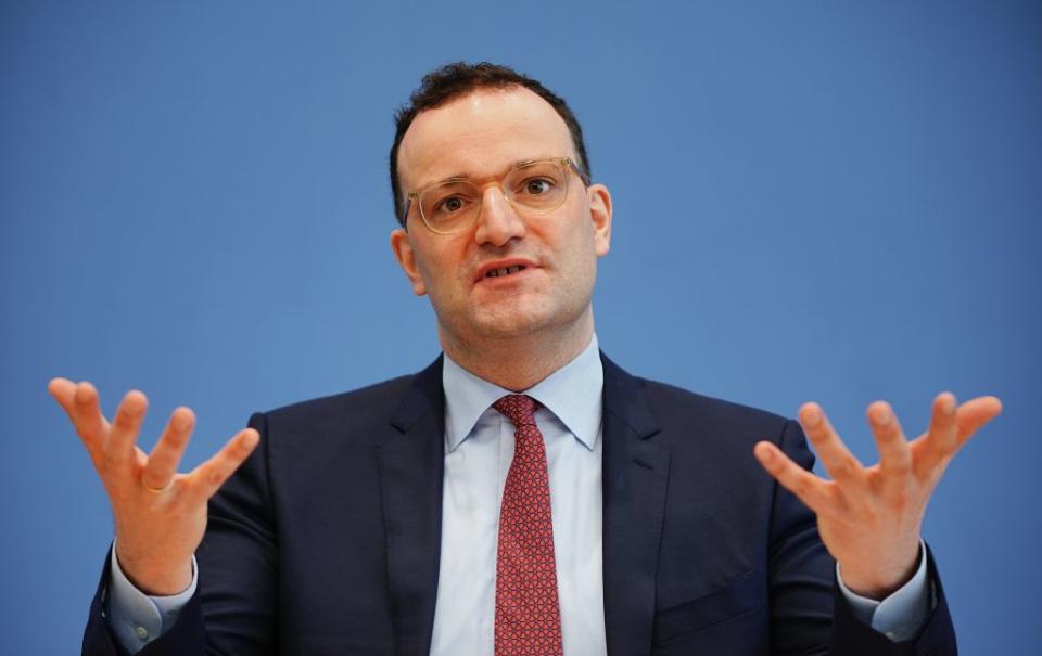 05 March 2021, Berlin: Jens Spahn (CDU), Federal Minister of Health, speaks and gestures at a press conference on Corona vaccinations. Photo: Michael Kappeler/dpa (Photo by Michael Kappeler/picture alliance via Getty Images)