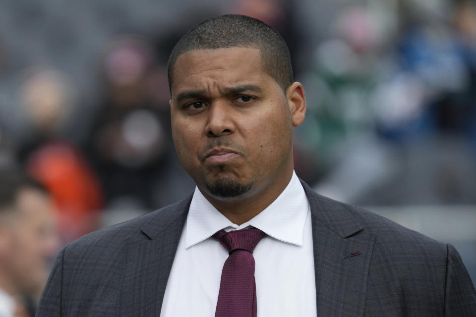 Chicago Bears general manager Ryan Poles watches during warmups before an NFL football game against the Detroit Lions in Chicago, Sunday, Nov. 13, 2022. (AP Photo/Nam Y. Huh)