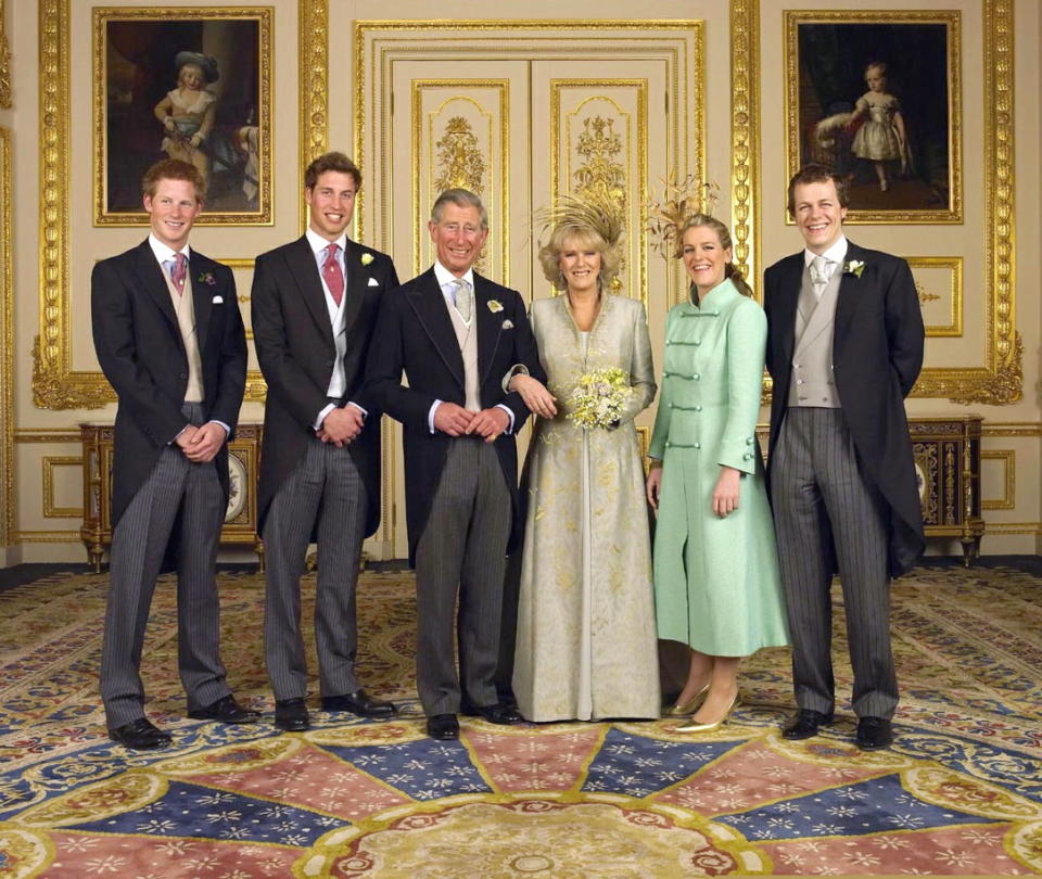 Britain's Prince of Wales (centre L) and Duchess of Cornwall (centre R) are seen after their wedding with their children (L-R) Prince Harry, Prince William, Laura and Tom Parker Bowles, in the White Drawing Room at Windsor Castle in southern England, in this official photo from Clarence House released on April 10, 2005. ??? USE ONLY