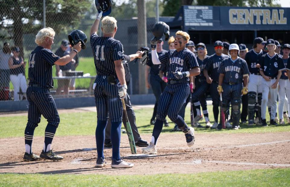 Central Catholic’s Joel Roberts hit a two-run home run in the first inning during the Northern California Regional Division III championship game with Oakmont at Central Catholic High School in Modesto, Calif., Saturday, June 3, 2023. Central Catholic won the game 5-2.