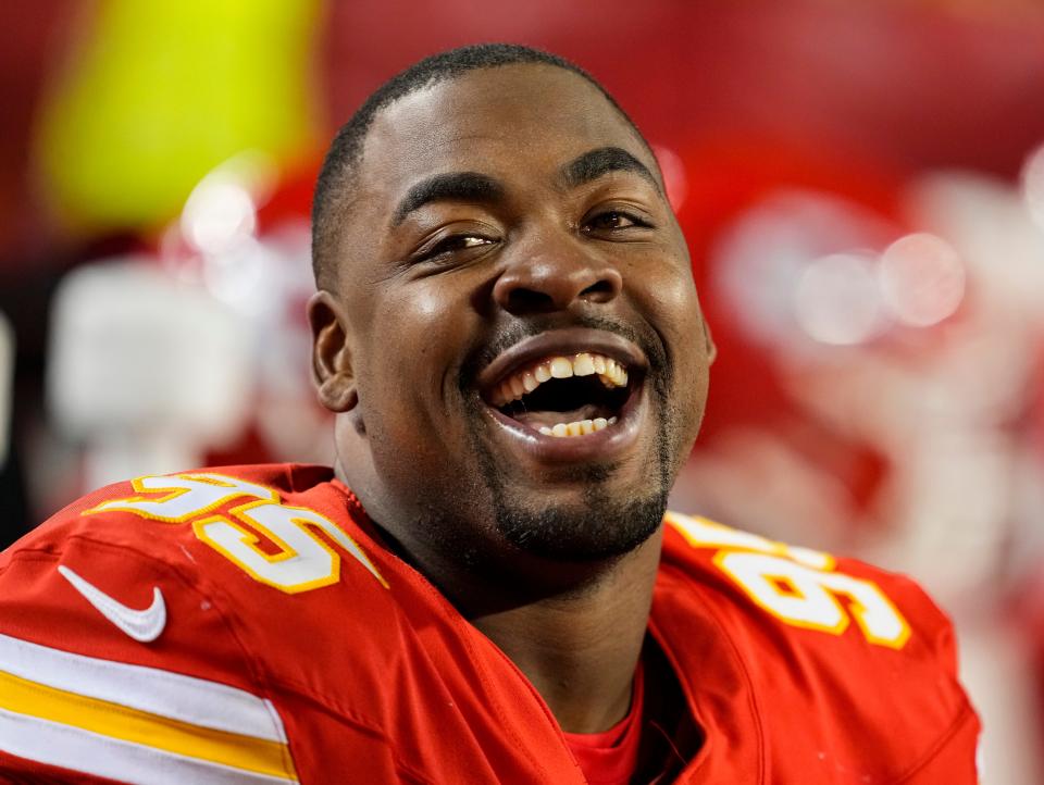 Kansas City Chiefs defensive tackle Chris Jones (95) reacts on the sideline during the second half against the Buffalo Bills at GEHA Field at Arrowhead Stadium.