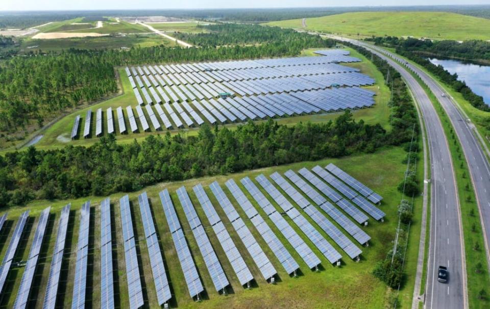 The 6 megawatt Stanton Solar Farm outside of Orlando, Florida is seen in this aerial view from a drone on the day the Biden administration released plans to produce 40 percent of the countrys electricity by 2035, enough to power all American homes. Increasing solar energy production in the United States from last years level of 4 percent is part of President Bidens effort to combat climate change. (Photo by Paul Hennessy/SOPA Images/LightRocket via Getty Images)