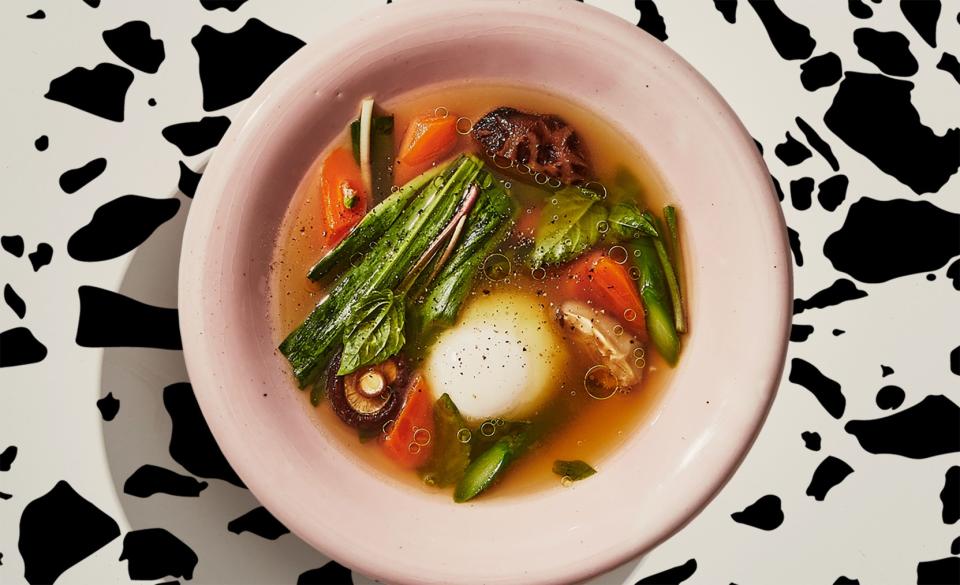 This simple veg-forward broth (with #aneggonit) is the ideal cure for whatever ails you. Don’t skip the splash of vinegar at the end—it adds an acidity to the broth that helps brighten it and really brings it to life. <a rel="nofollow noopener" href="https://www.bonappetit.com/recipe/poached-eggs-in-chicken-broth?mbid=synd_yahoo_rss" target="_blank" data-ylk="slk:See recipe.;elm:context_link;itc:0;sec:content-canvas" class="link ">See recipe.</a>