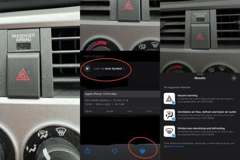 iOS 17的相片APP也能識別汽車儀表上的符號。（圖／翻攝自MacRumors）