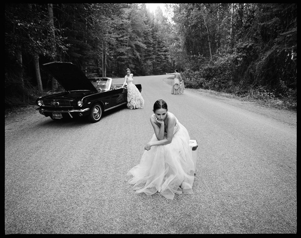 Demi Moore and her daughters, in a photo shoot that suggests their convertible broke down on the side of the road while they were on their way to a fancy dress party. (Tyler Shields)