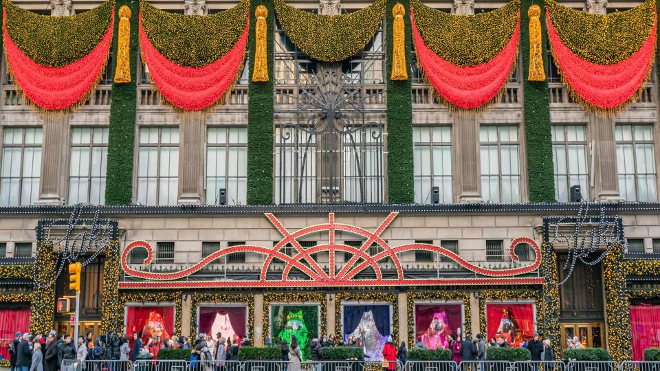 New York City, NY, USA - December, 2018 - Saks Fifth Avenue, luxury department stores, decorated for Christmas Holidays, Manhattan.