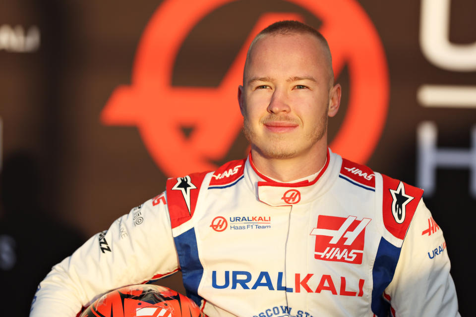 BARCELONA, SPAIN - FEBRUARY 23: Nikita Mazepin of Russia and Haas F1 unveils the Haas F1 VF-22 Ferrari during Day One of F1 Testing at Circuit de Barcelona-Catalunya on February 23, 2022 in Barcelona, Spain. (Photo by Mark Thompson/Getty Images)