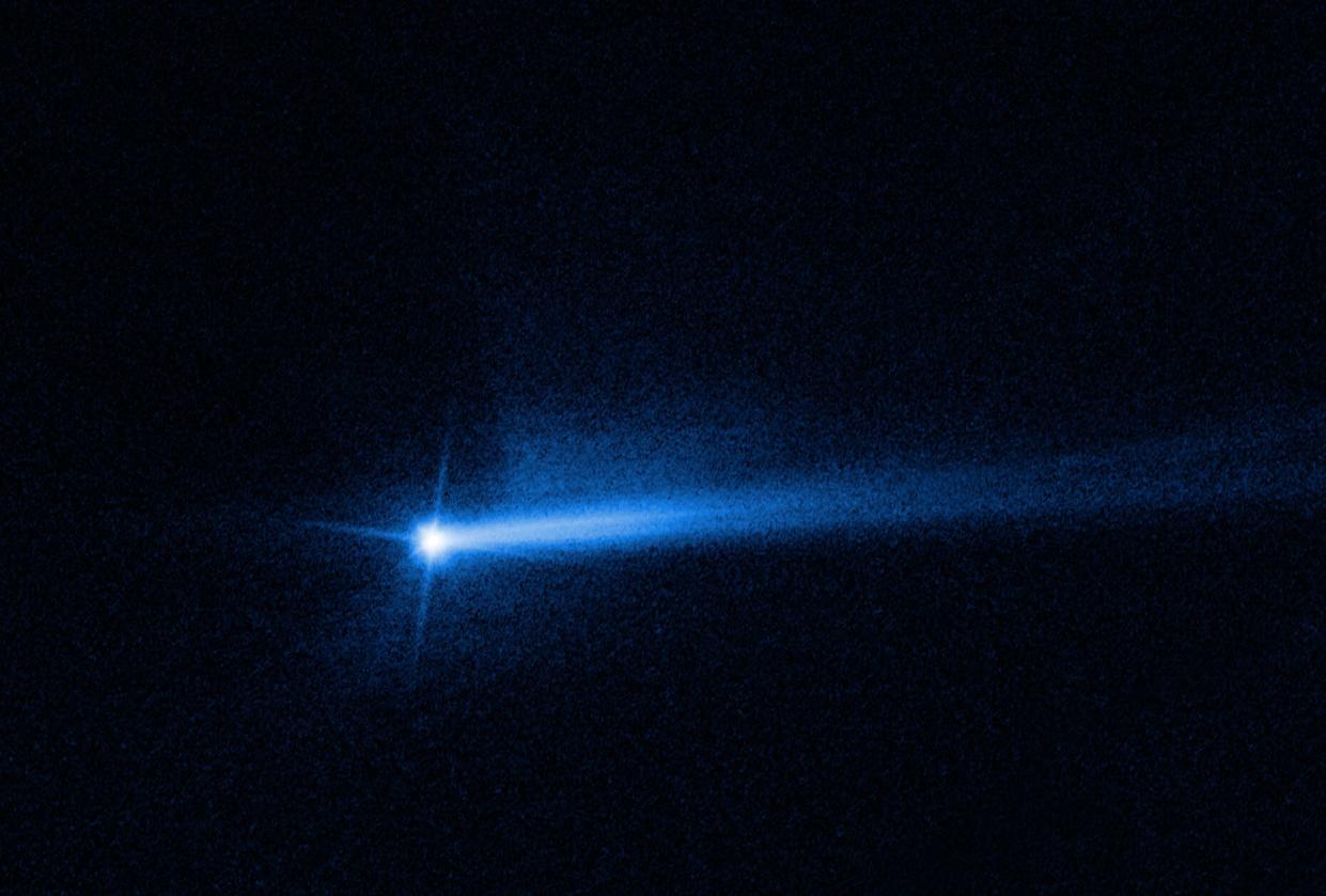 bright blue spot with long forked tail against black space background