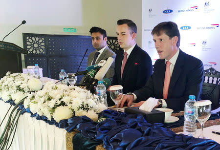 Richard Crowder (R), Deputy British High Commissioner to Pakistan, delivers a news conference along with Robert Williams (C), head of the sales for Asia Pacific and the Middle East for British Airways and Zulfi Bukhari, special assistant on overseas Pakistanis and human resource development, in Islamabad, Pakistan December 18, 2018. REUTERS/Drazen Jorgic