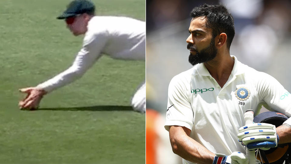 Kohli was not convinced Handscomb’s catch was legitimate. Pic: Getty