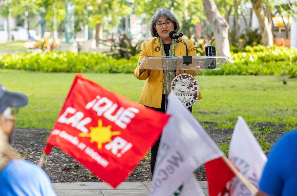 Miami-Dade County Mayor Daniella Levine Cava speaks during a press conference outside of Government Center on Monday, May 15, 2023, in downtown Miami, Fla. The event was held to announce the start of the heat season throughout Miami-Dade and officials with the National Weather Service announced they would lower the threshold for heat warnings and advisories in the county.