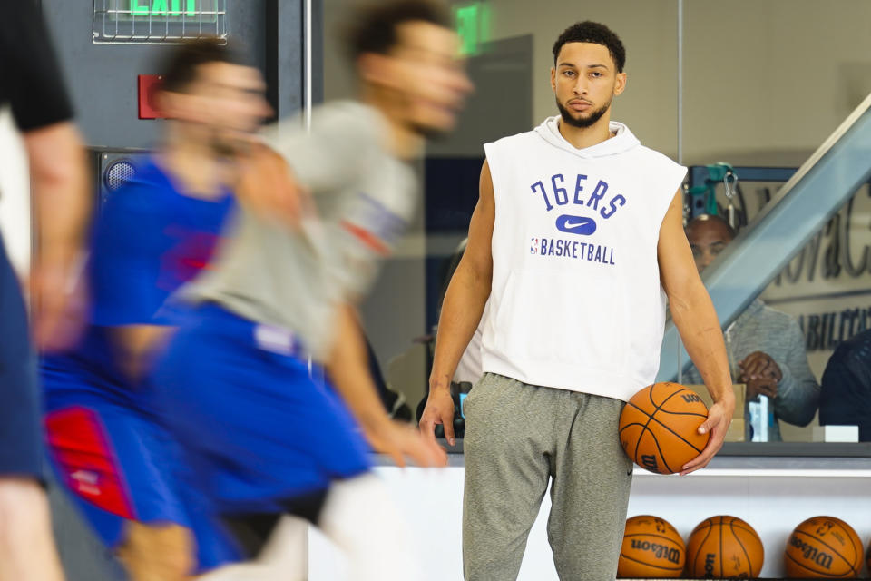 Philadelphia 76ers' Ben Simmons takes part in a practice at the NBA basketball team's facility, Monday, Oct. 18, 2021, in Camden, N.J. (AP Photo/Matt Rourke)