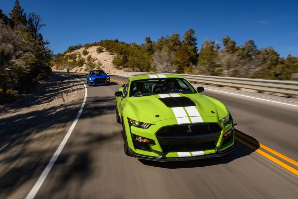 <p>The GT500 is powered by a supercharged 5.2-liter V-8 making 760 horsepower and 625 lb-ft of torque, which is sent to the rear wheels through a seven-speed dual-clutch automatic transmission.</p>