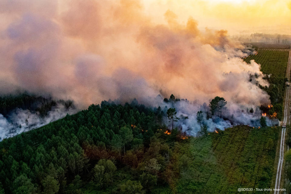 This photo provided by the fire brigade of the Gironde region (SDIS 33) shows a wildfire near Landiras, southwestern France, Saturday July 16, 2022. Firefighters are struggling to contain wildfires in France and Spain as Europe wilts under an unusually extreme heat wave that authorities link to a rise in excess mortality. (SDIS 33 via AP)