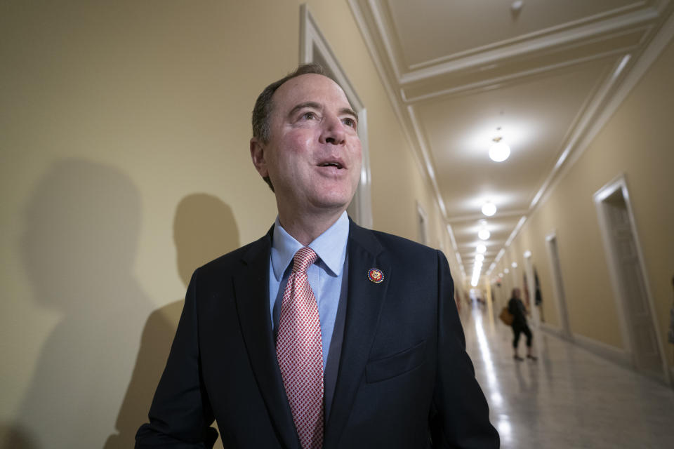 House Intelligence Committee Chairman Adam Schiff, D-Calif., responds to reporters as he arrives for an open hearing on China, at the Capitol in Washington, Thursday, May 16, 2019. The House intelligence committee has called four lawyers linked to President Donald Trump and his family for interviews as part of an investigation into whether they tried to obstruct congressional inquiries into Russian election interference. (AP Photo/J. Scott Applewhite)