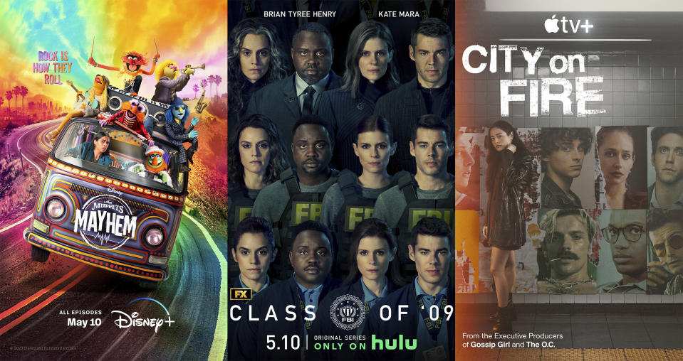 This combination of photos shows promotional art for "The Muppets Mayhem," premiering May 10 on Disney+, left, "Class of 09" premiering May 10 on Hulu and "City on Fire," a series premiering May 12 on Apple TV+ . (Apple TV+/Disney+ via AP) (Disney+/Hulu/Apple TV+ via AP)