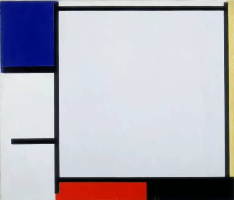 En la obra “Composición con azul, amarillo, rojo, negro y gris” de Piet Mondrian solo prevalecen los colores primarios