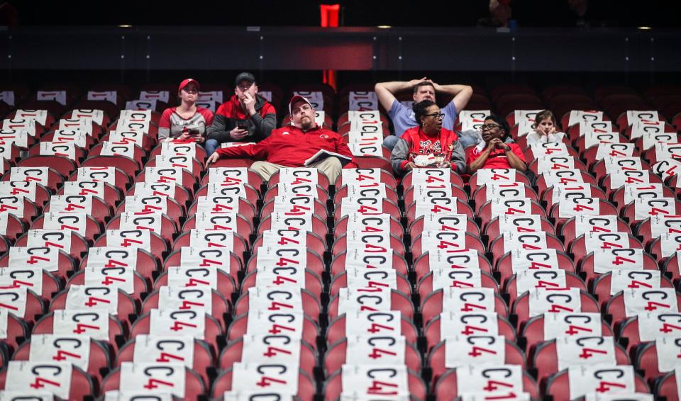 Louisville fans wait for the final home game of the 2022-23 season to start against Virginia Tech. The Hokies defeated the Cards 71-54 at the KFC Yum! Center. U of L finished 4-26 overall, 2-17 in the ACC.