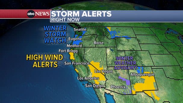 PHOTO: Weather map of storm and high wind alerts on the West Coast for Sunday, Feb. 12, 2023. (ABC)