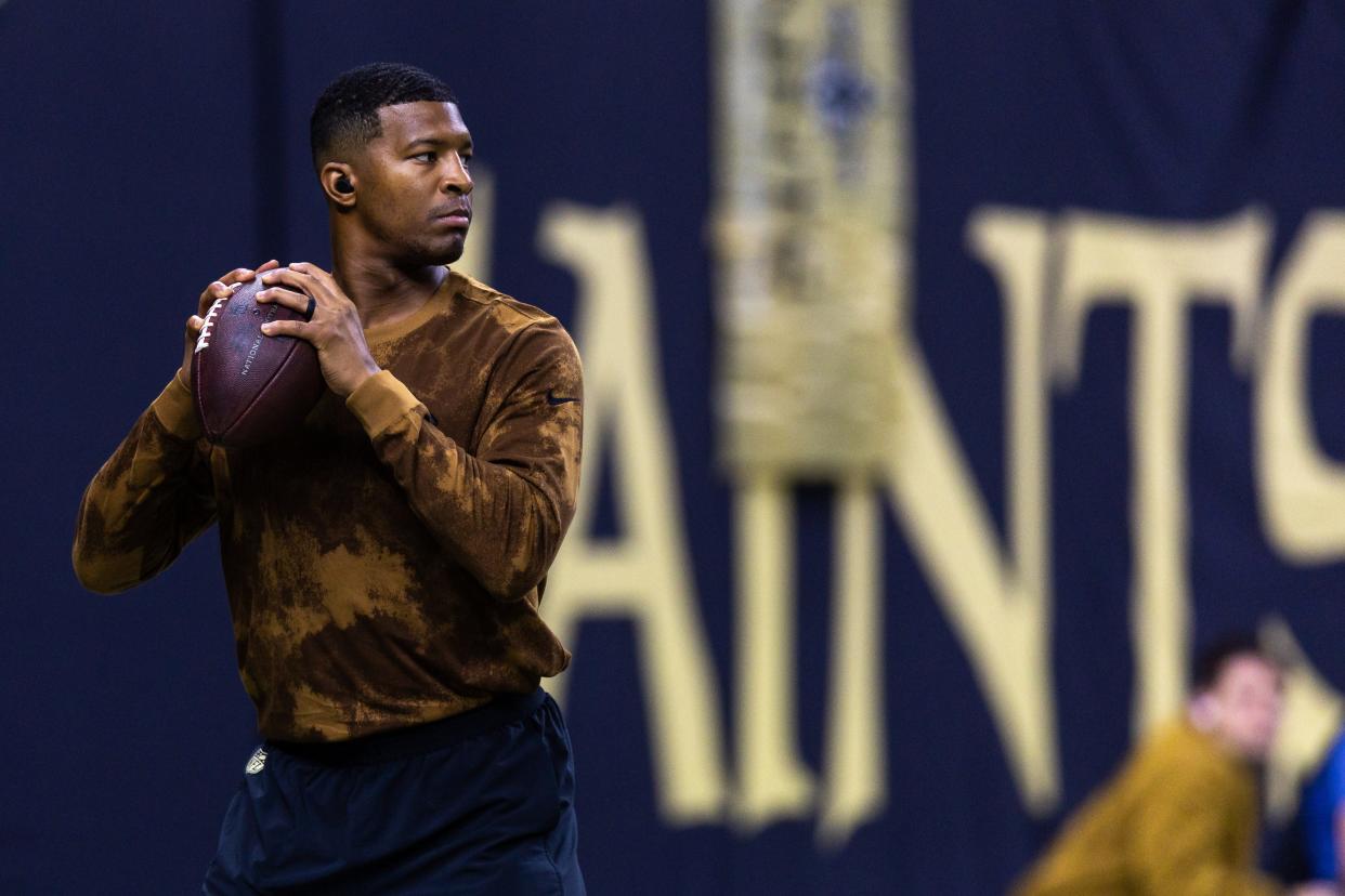 Nov 5, 2023; New Orleans, Louisiana, USA; New Orleans Saints quarterback Jameis Winston (2) during warmups before the game against the Chicago Bears at the Caesars Superdome. Mandatory Credit: Stephen Lew-USA TODAY Sports