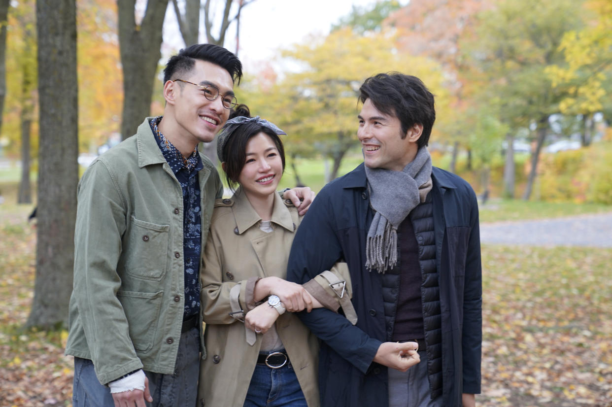 Bryan Chang (left) as Ah Cheng in A Trip With Your Wife, with Michelle Chen as Xiaoya and Rhydian Vaughan as Ah Zhi. (Photo: MM2 Entertainment)