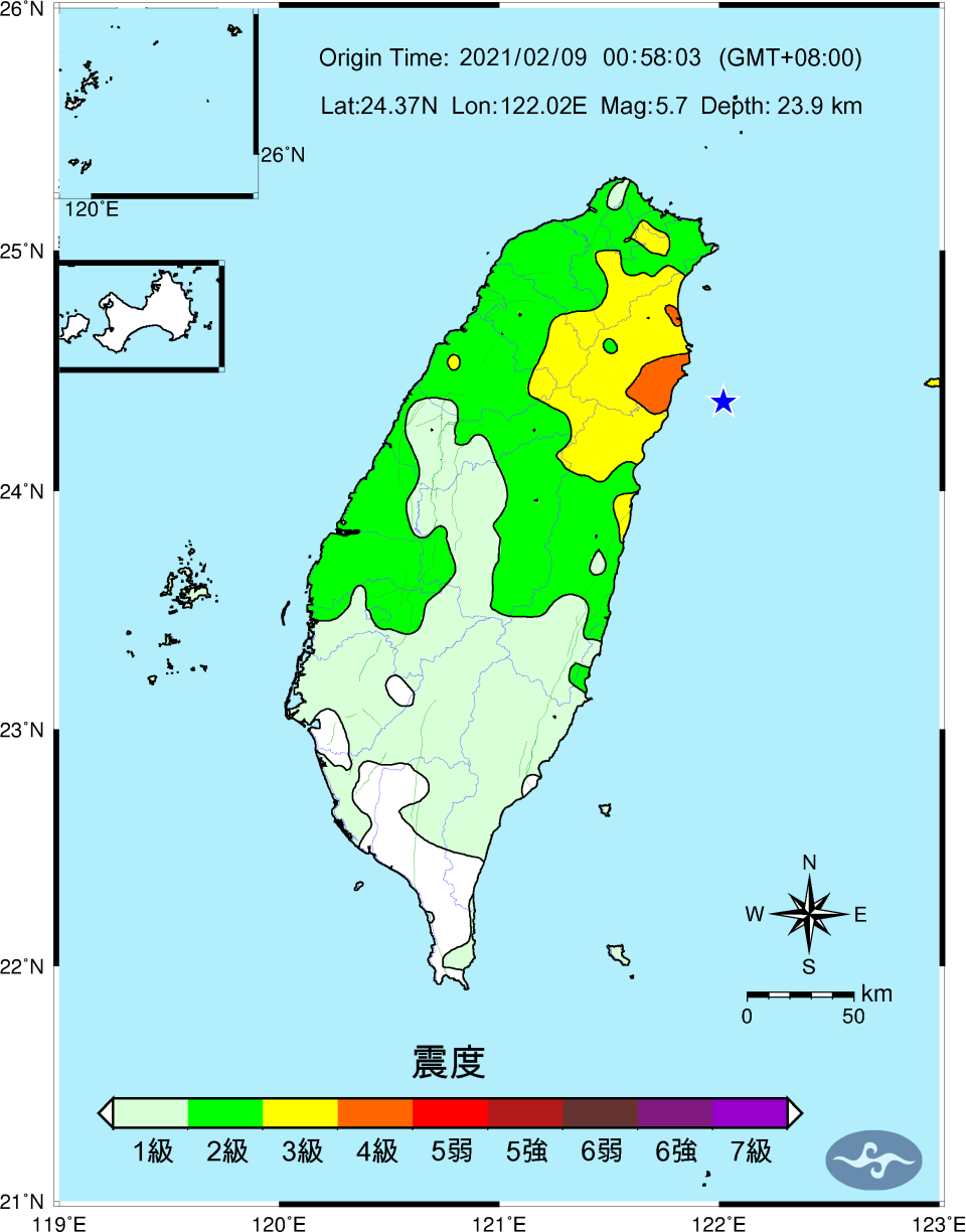 今日凌晨發生規模5.7地震，全台灣幾乎都有感。（圖／中央氣象局）