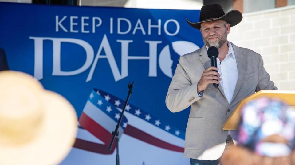 Ammon Bundy announces his run for Idaho governor during an event at Kleiner Park in Meridian in June of 2021. Bundy announced his key campaign issues, including the elimination of property tax and income tax, and taking back all federal land in Idaho.