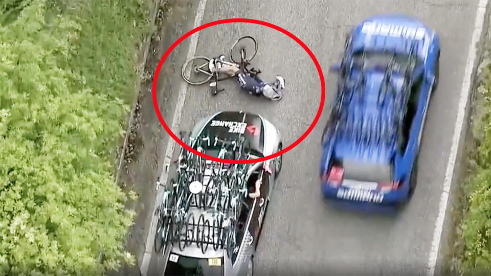 The BikeExchange car, pictured here after running into Pieter Serry.